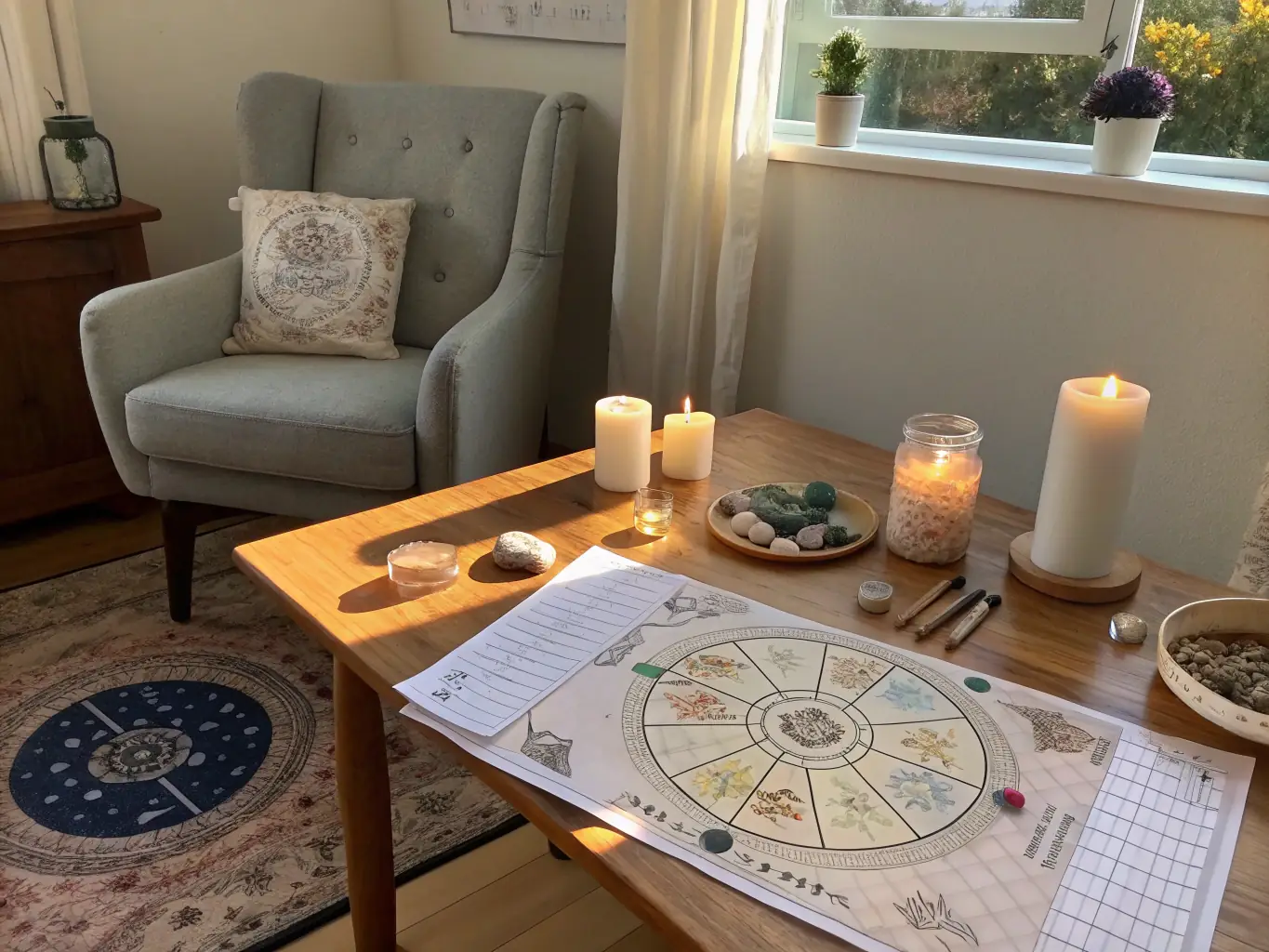 An image of a serene consultation setting with astrological charts and tools, representing the Personal Horary Consultation service.