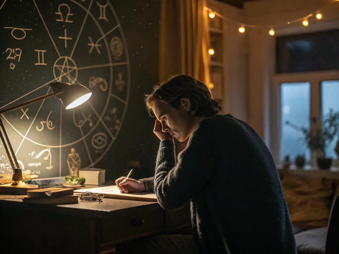 An image of a person contemplating their career path with astrological symbols in the background, representing the Career Guidance Reading service.