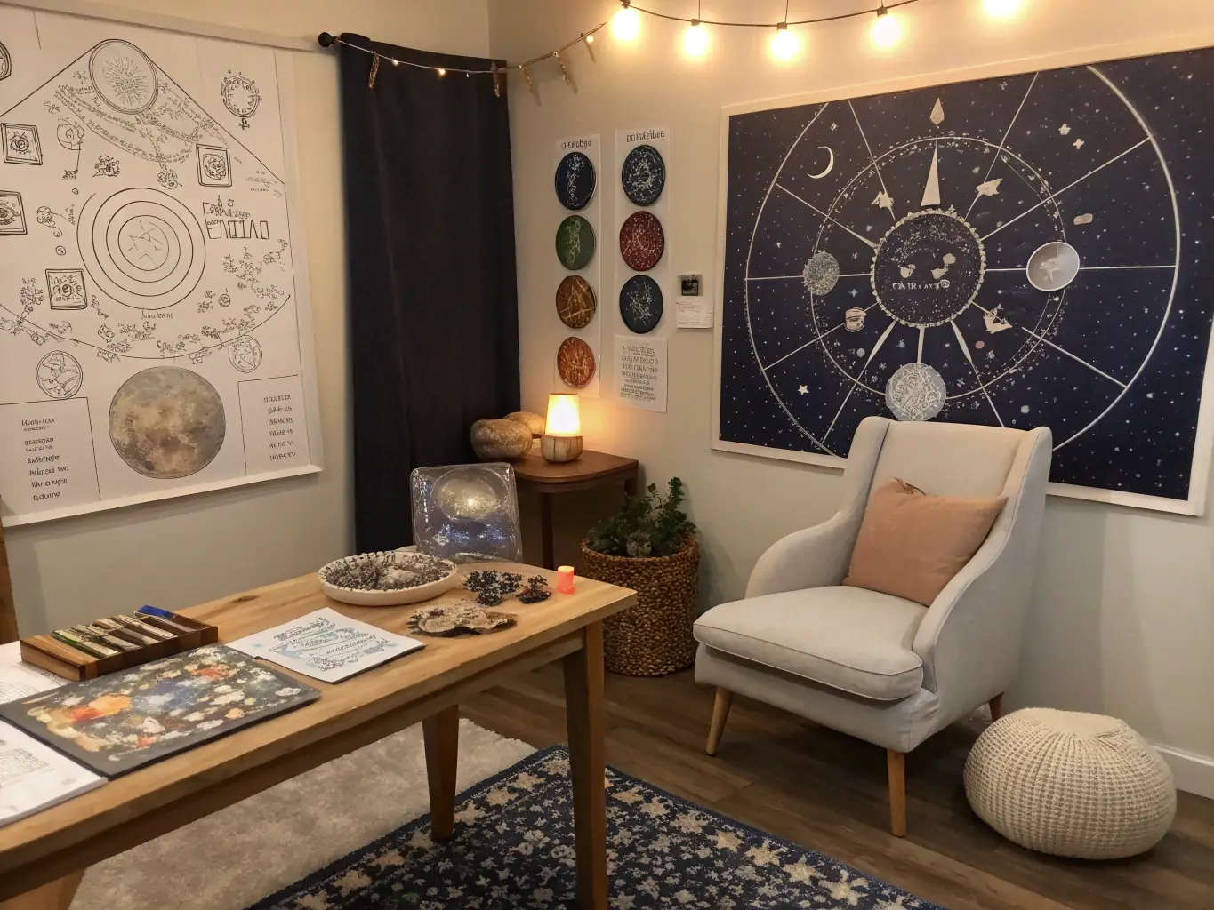 An image of a serene consultation setting with astrological charts and tools, representing the Personal Horary Consultation service.